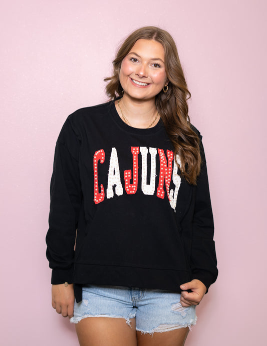 Cajuns (Licensed) | Women's Distressed Embroidery Pullover (Black)