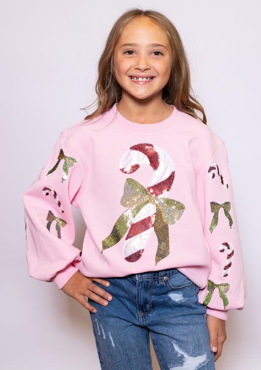 Christmas Candy Cane | Youth Sequin + Metallic Design Bishop Sleeve Sweatshirt (Pink)