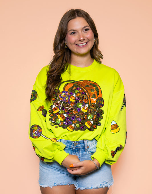 **PRE-ORDER ONLY** Halloween Candy Bucket | Women's Sequin Design Bishop Sleeve Sweatshirt (Lime Green)
