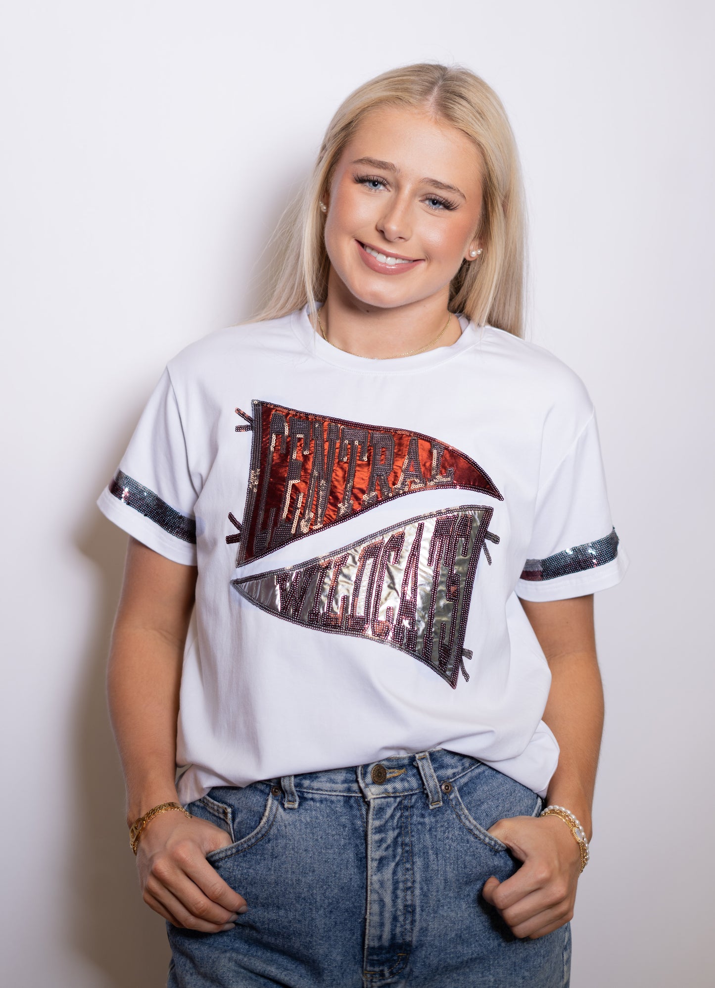 Central Wildcats Pennant | Women's Sequin Design Tee (White)