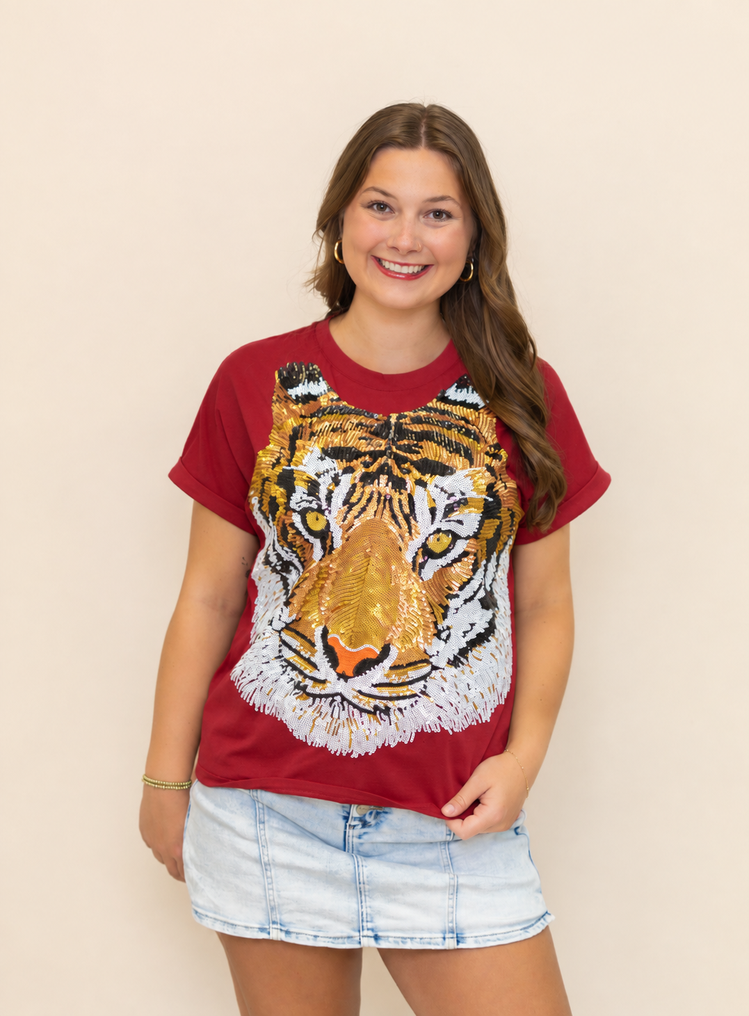**PRE-ORDER ONLY** Full Face Tiger | Women's Sequin Design Cuff Sleeve Tee (Red)