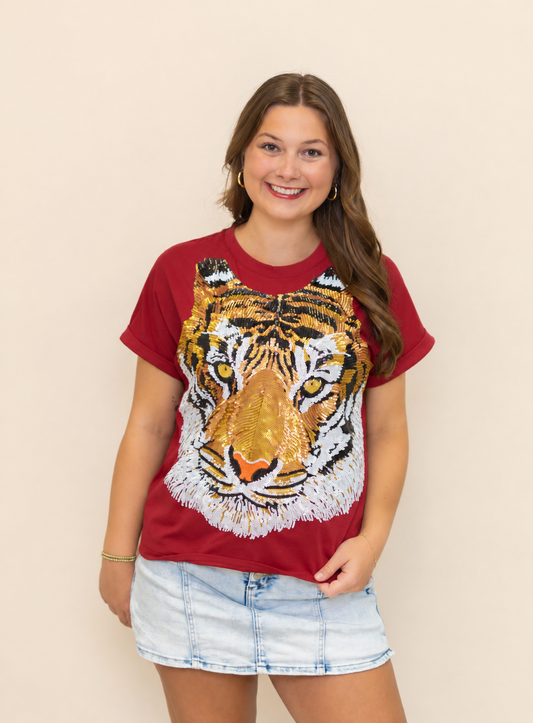 **PRE-ORDER ONLY** Full Face Tiger | Women's Sequin Design Cuff Sleeve Tee (Red)
