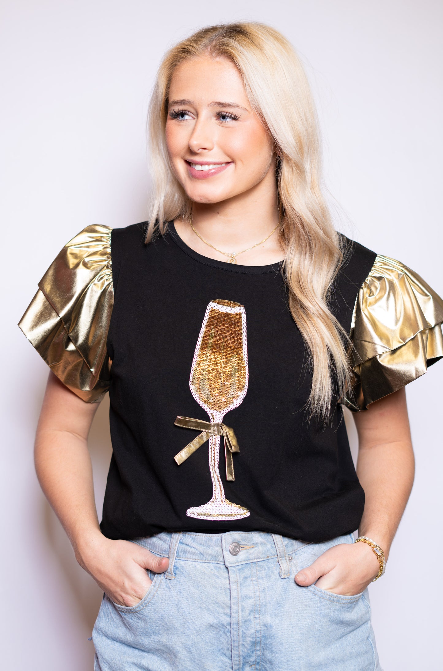 Wholesale | Cheers | Women's Metallic Ruffle Sleeve (Black)