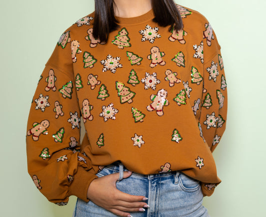 Christmas Sugar Cookies | Women's Sequin Design Bishop Sleeve Sweatshirt (Brown)