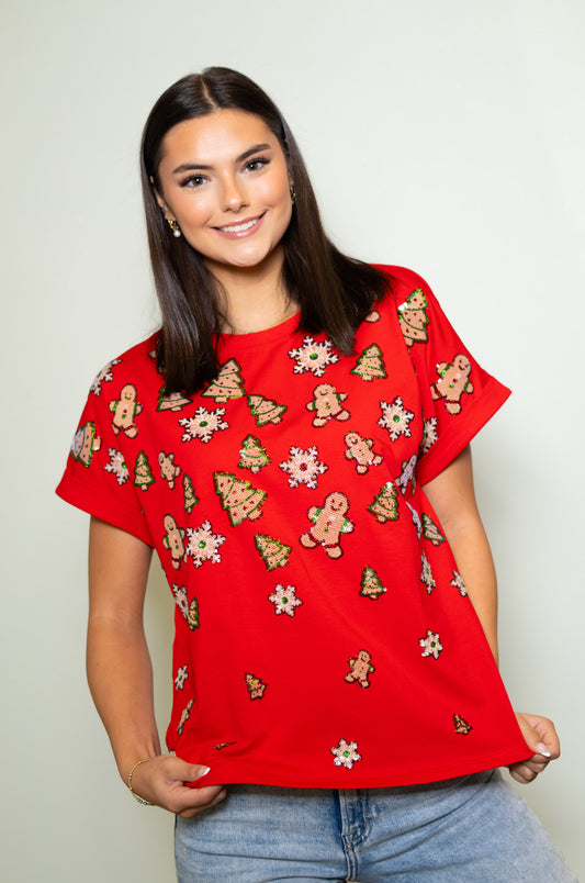 Christmas Sugar Cookies  | Women's Sequin Design Cuff Sleeve Tee (Red)