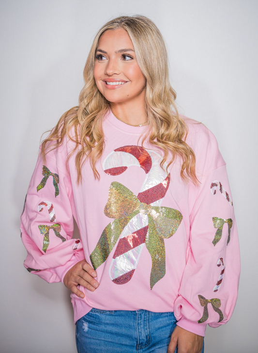 **PRE-ORDER ONLY**  Christmas Candy Cane | Women's Sequin+Metallic Design Bishop Sleeve Sweatshirt (Pink)