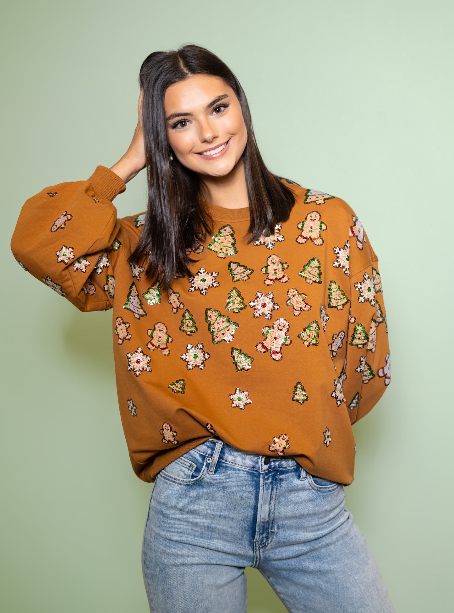 Christmas Sugar Cookies | Women's Sequin Design Bishop Sleeve Sweatshirt (Brown)