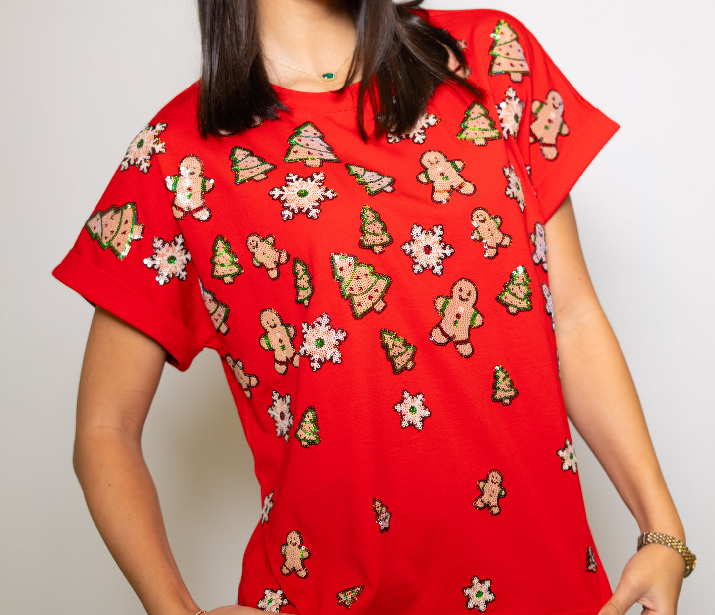 Christmas Sugar Cookies  | Women's Sequin Design Cuff Sleeve Tee (Red)