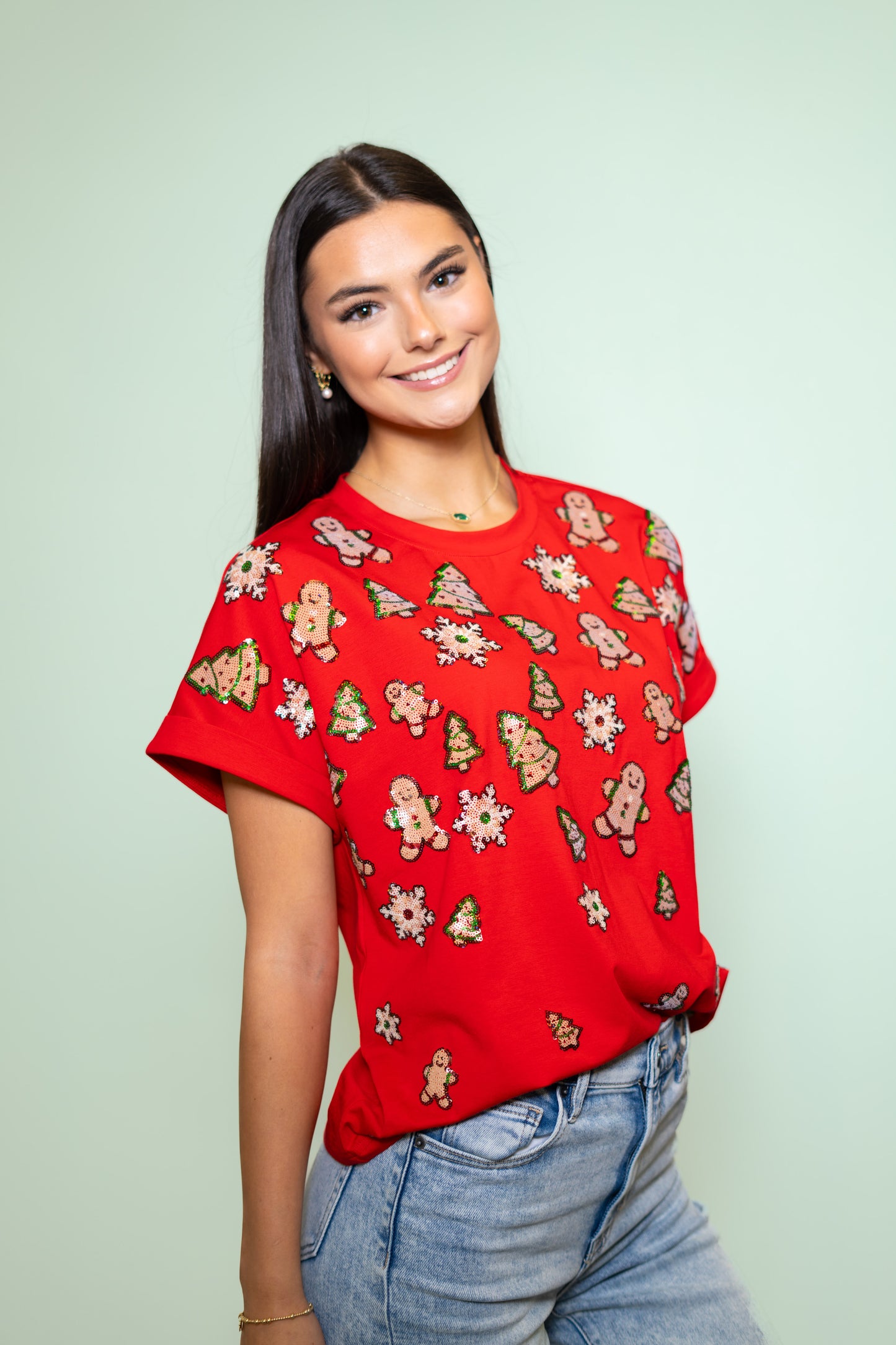 Christmas Sugar Cookies  | Women's Sequin Design Cuff Sleeve Tee (Red)