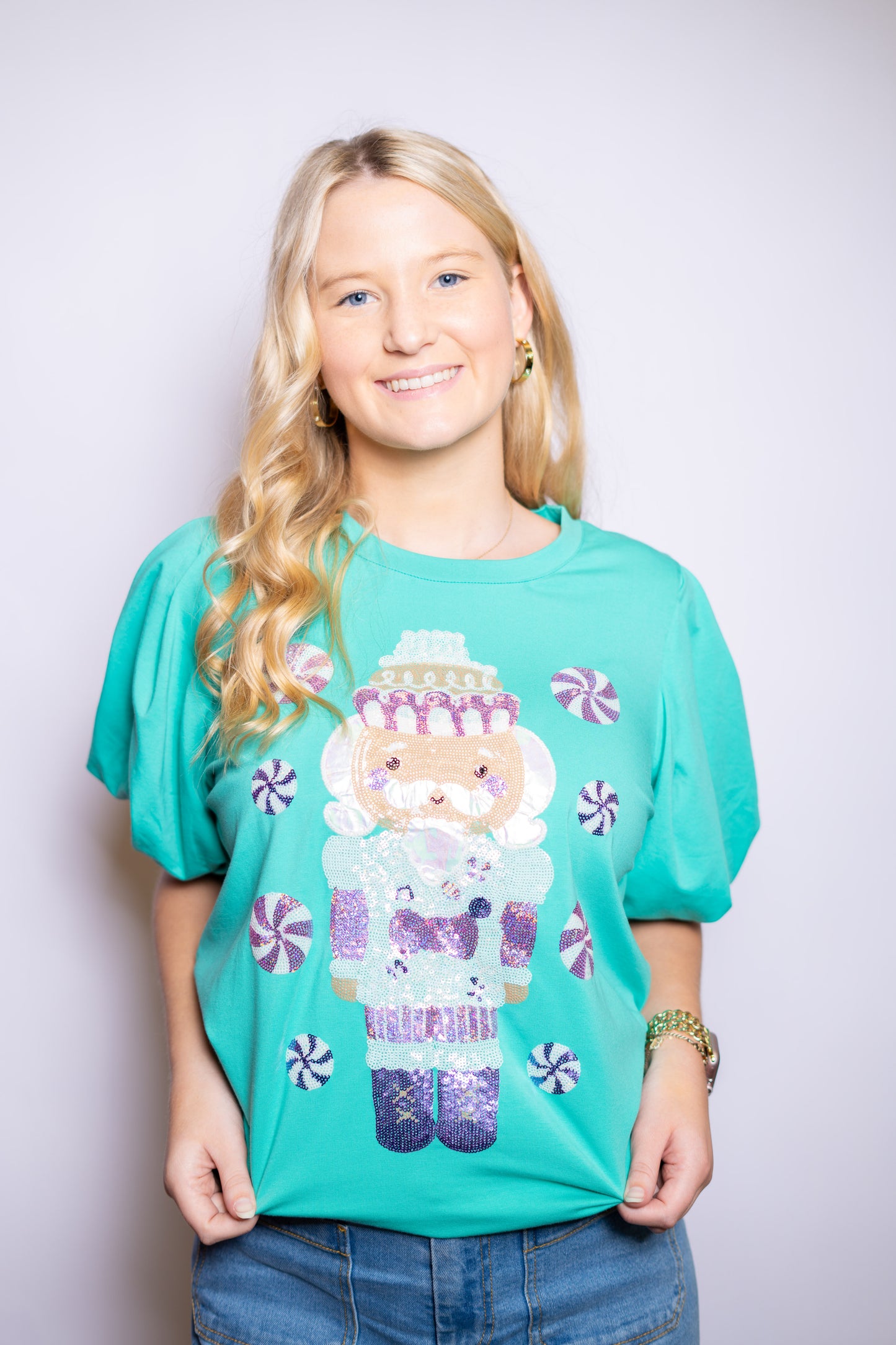 Christmas Nutcracker | Women's Sequin Design Puff Sleeve Tee (Teal)