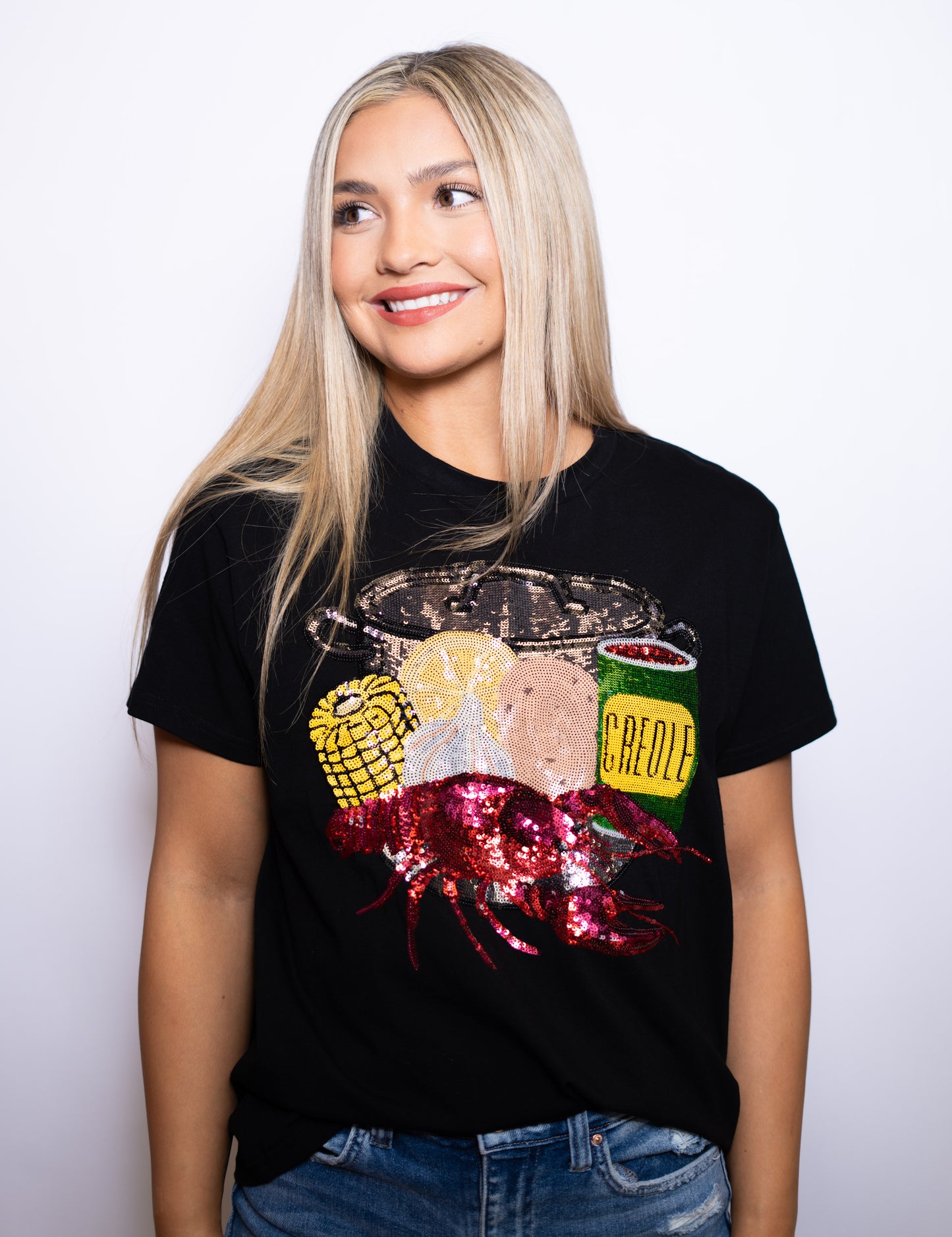 Crawfish Season | Women's Sequin Design Tee (Black)