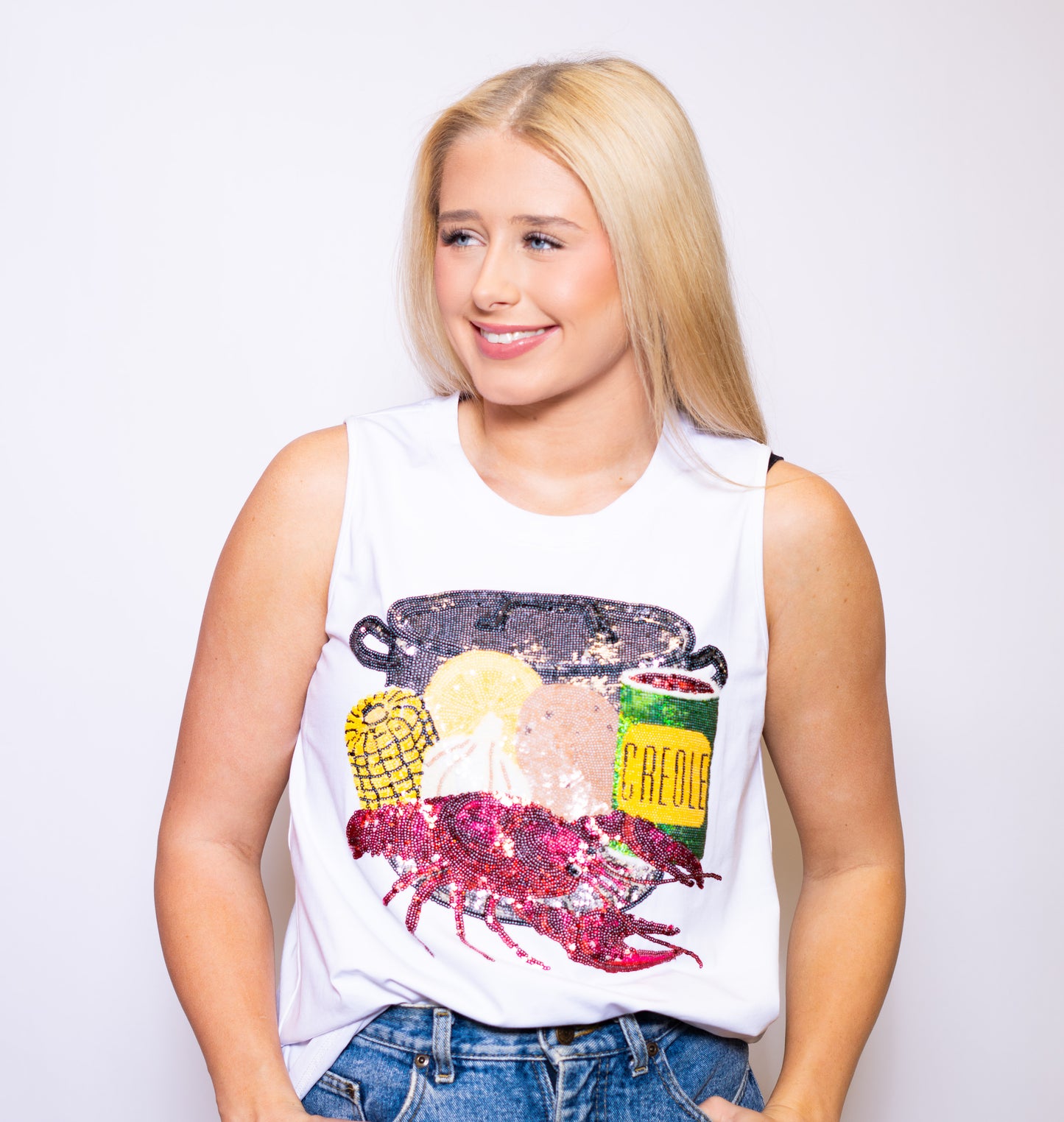 **PRE-ORDER ONLY** Crawfish Season | Women's Sequin Design Tank (White or Black)