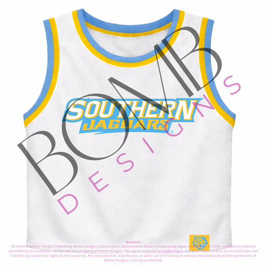 **PRE-ORDER ONLY** Wholesale | Southern University (Licensed) | Sequin Design Crop Jersey Tank (White)