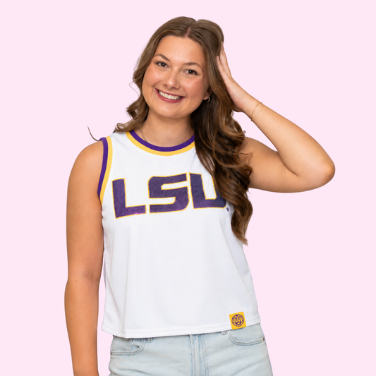 **PRE-ORDER ONLY** Wholesale | LSU (Licensed) | Sequin Design Crop Jersey Tank (White)