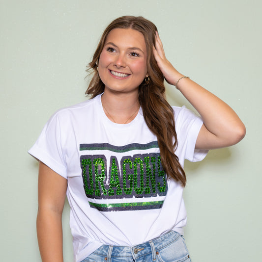 **PRE-ORDER ONLY** Jeweled Dragons | Women's Sequin + Jewel Design Cuff Sleeve Tee (White)