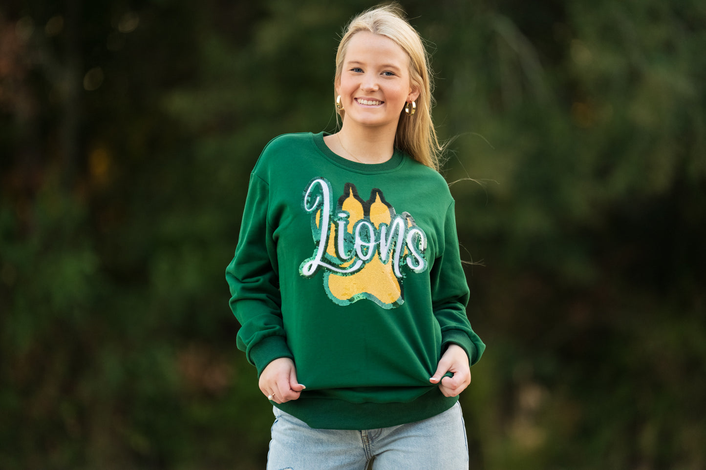 LIONS | Women's Embroidery & Sequin French Terry Sweatshirt (Green)