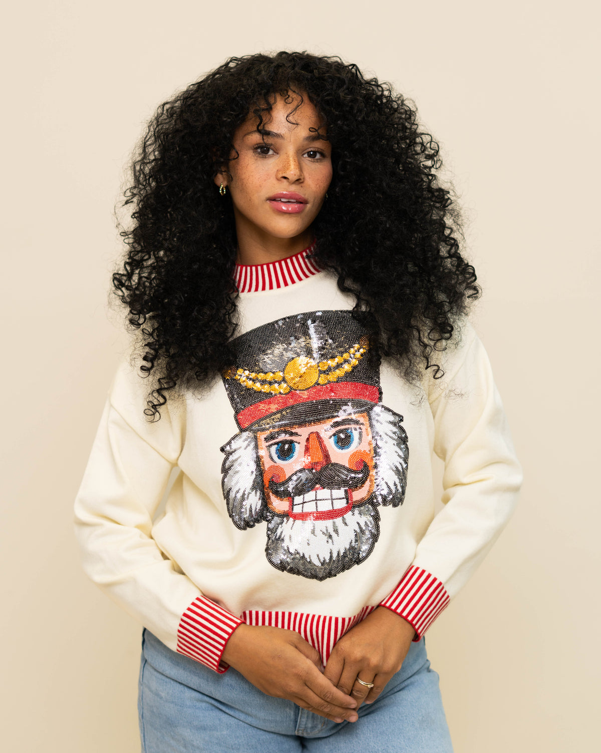 **PRE-ORDER ONLY** Wholesale | Sequin Nutcracker | Striped Mock Neck Sweater (Cream)