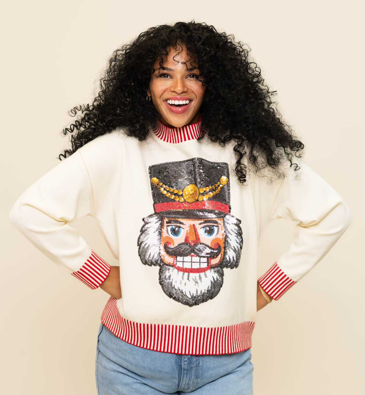 **PRE-ORDER ONLY** Wholesale | Sequin Nutcracker | Striped Mock Neck Sweater (Cream)
