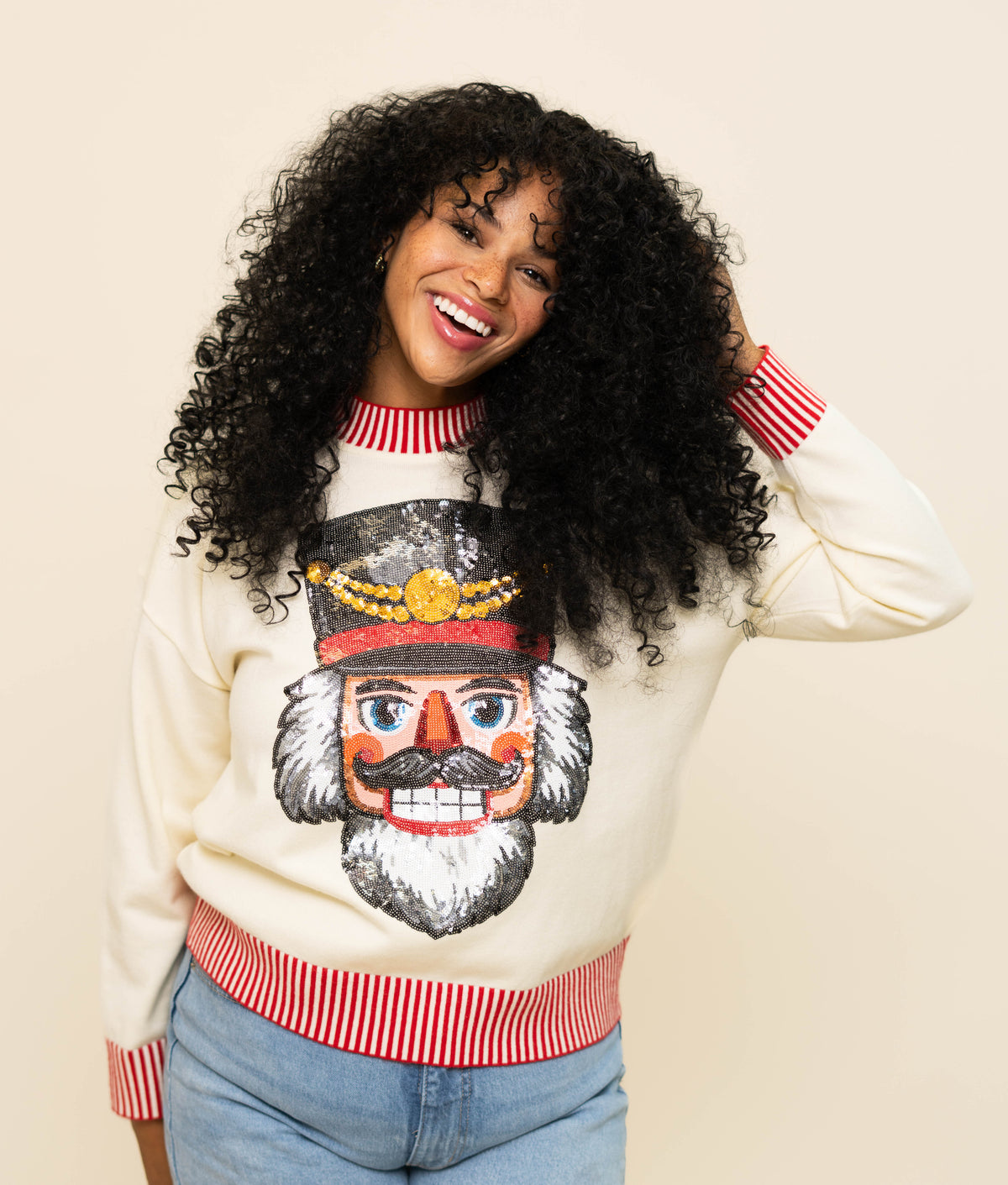 **PRE-ORDER ONLY** Wholesale | Sequin Nutcracker | Striped Mock Neck Sweater (Cream)