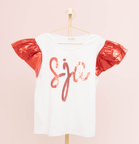 SJA Stickers | Women's Metallic Ruffle Sleeve Tee (White)
