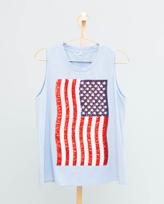 USA American Flag Tank | Women's Sequin + Metallic Embroidery Tee (Blue)