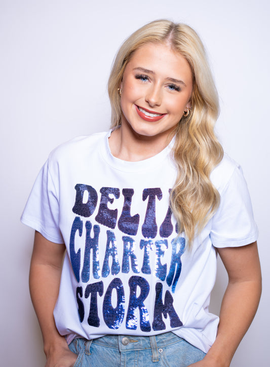 Groovy Delta Charter Storm | Women's Sequin Design Tee (White)