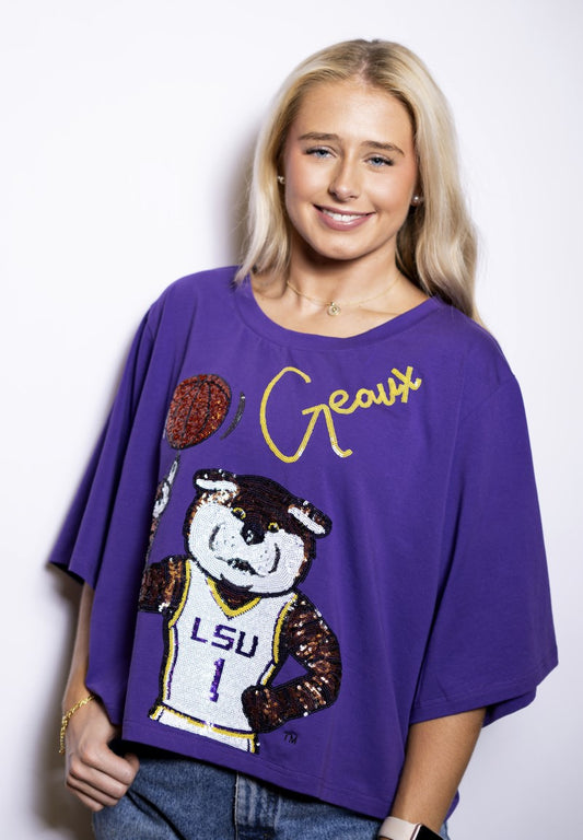 Wholesale Geaux Mike Basketball (Licensed by LSU ) Women's Oversized Sequin Design Jersey  (Purple)