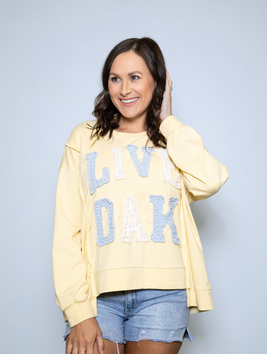 Live Oak | Women's Distressed Embroidery Pullover (Butter Yellow)