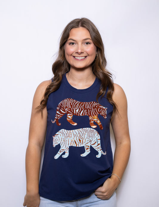 **PRE-ORDER ONLY** Wholesale | Orange & White Double Trouble Tiger | Women's Sequin Design (Navy)