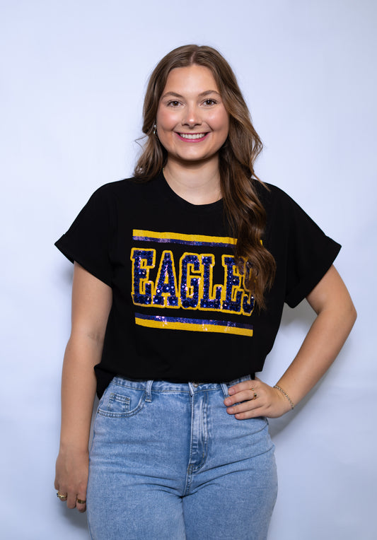 Jeweled Eagles | Women's Sequin + Jewel Design Cuff Sleeve Tee (Black)