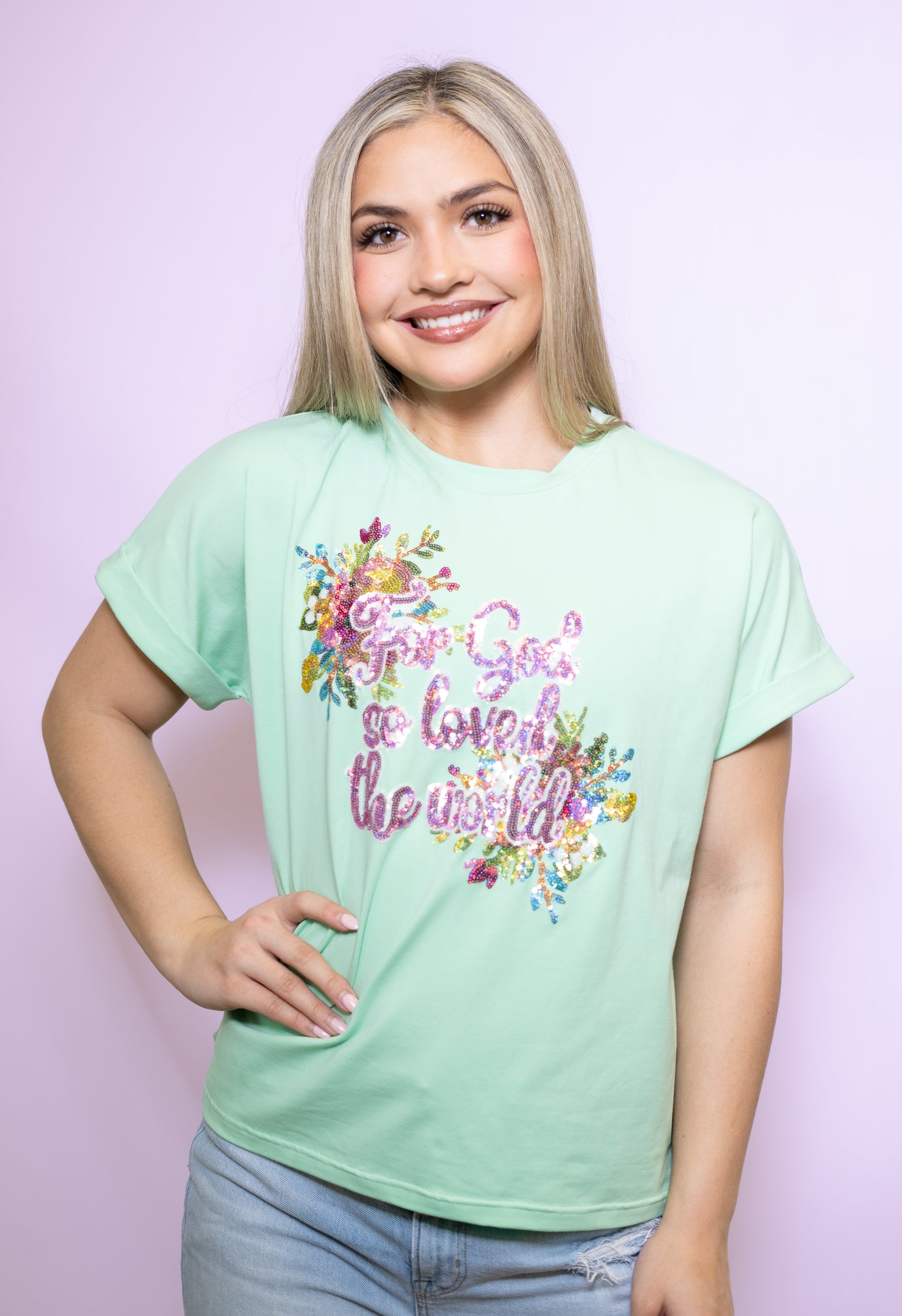 Wholesale | For God So Loved The World | Women's Sequin Design Cuff Sleeve (Mint)