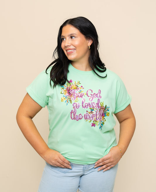 For God So Loved The World | Women's Sequin Design Cuff Sleeve Tee (Mint)