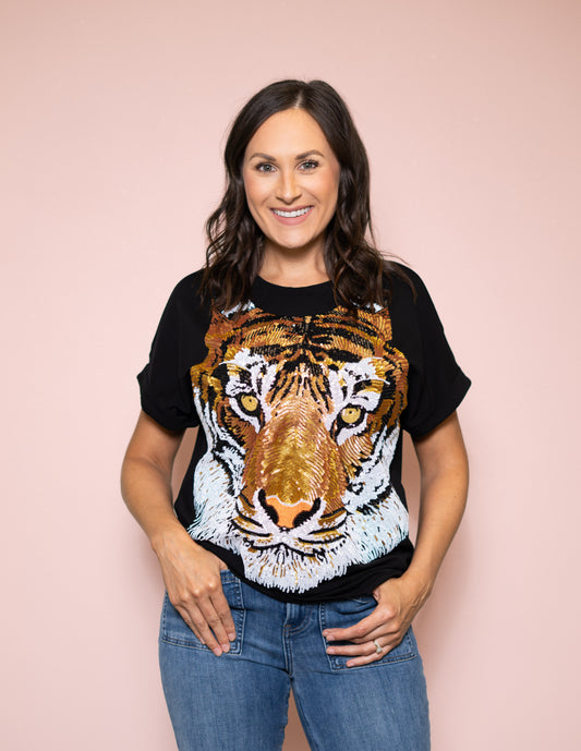 **PRE-ORDER ONLY**  Full Face Tiger | Women's Sequin Design Cuff Sleeve Tee (Black)