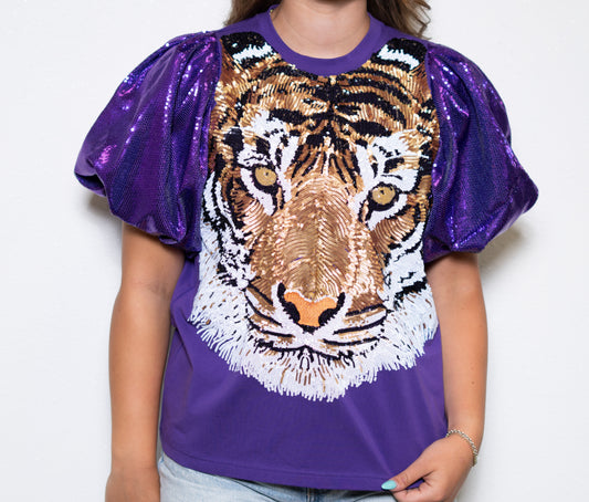 **PRE-ORDER ONLY** Full Face Tiger | Women's Sequin Puff Sleeve Tee (Purple)