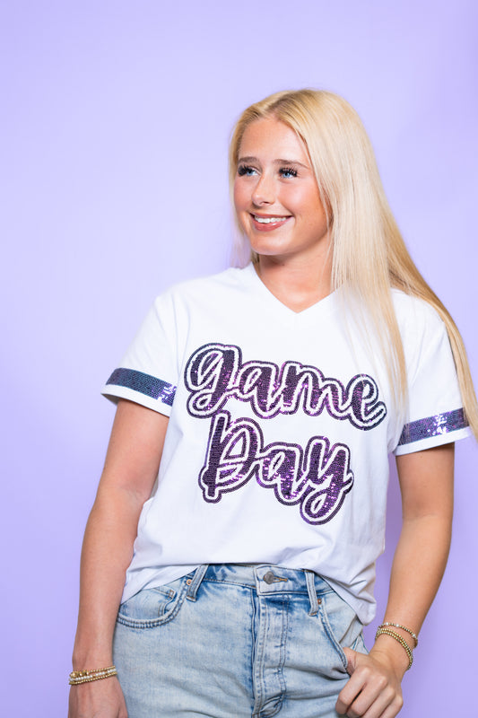 GAME DAY - PURPLE | Women's Sequin Design V-Neck Tee (White)