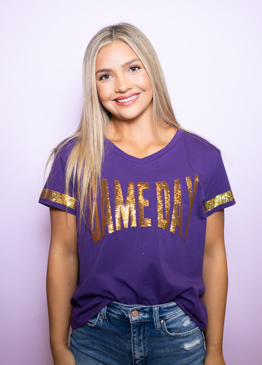 GAME DAY | Women's Sequin Design V-Neck Tee (Purple)