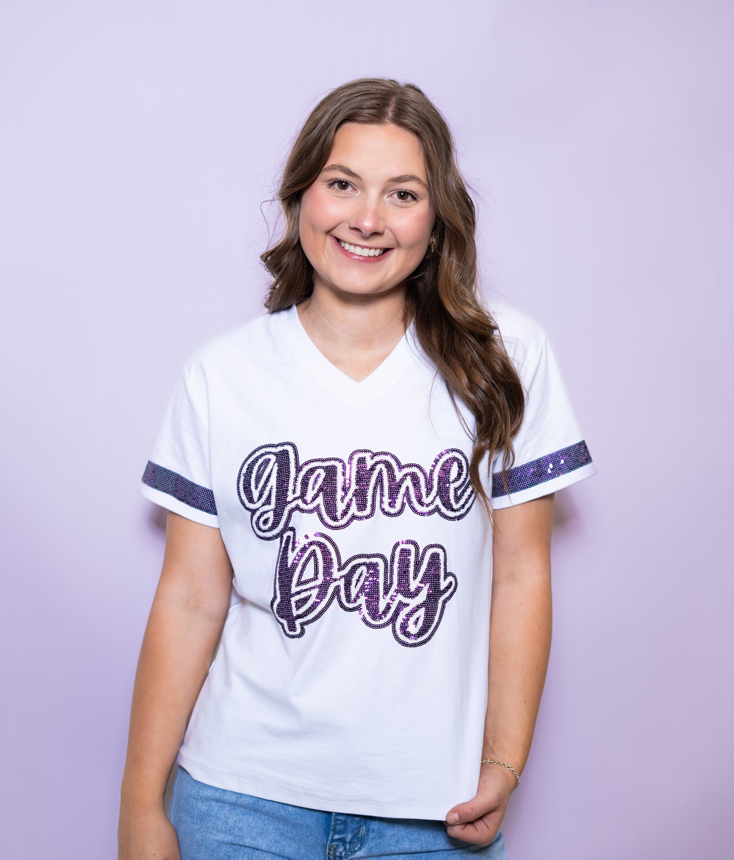 GAME DAY - PURPLE | Women's Sequin Design V-Neck Tee (White)