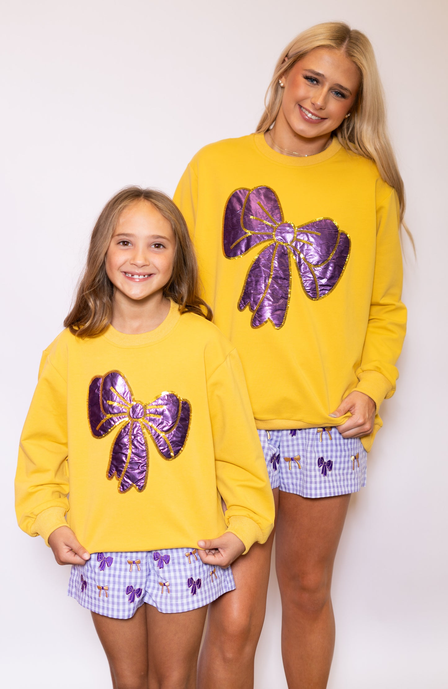 Youth & Women's Gingham Shorts + Metallic Bow Sweatshirt Set (Sold Separately)