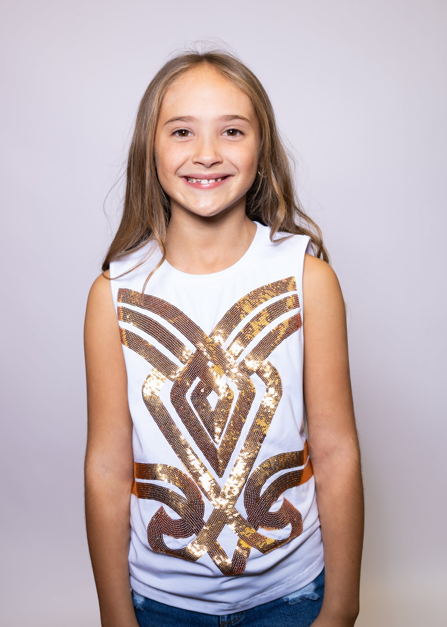 LSU Golden Girl Tank (Licensed) | Youth Sequin Design Tank (White)