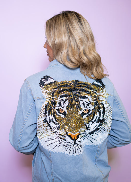 Golden Roar | Women's Sequin + Rhinestone Denim Jacket