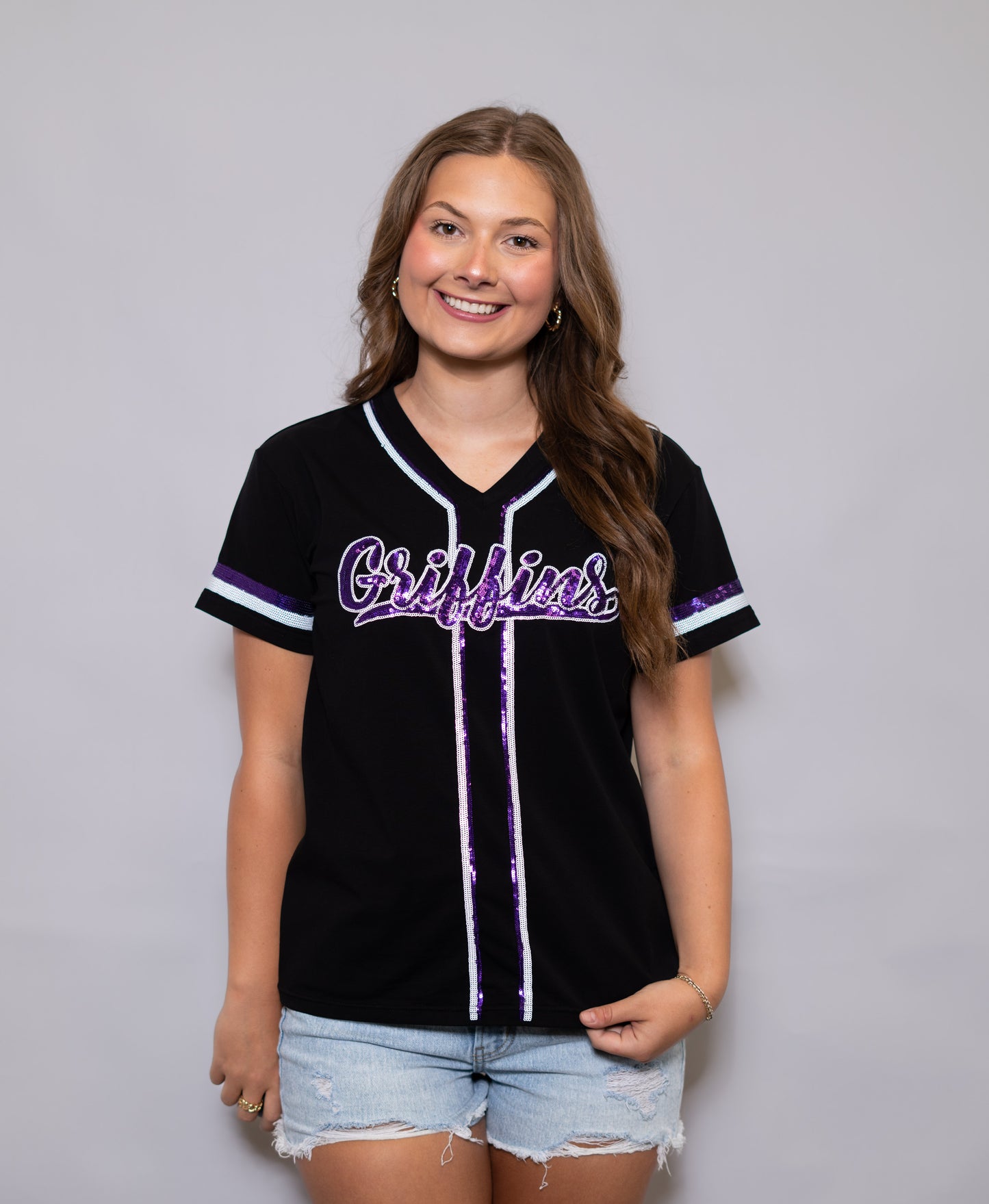 **PRE-ORDER ONLY** Dutchtown Griffins | Women's Sequin Design Baseball Jersey Tee (Black)