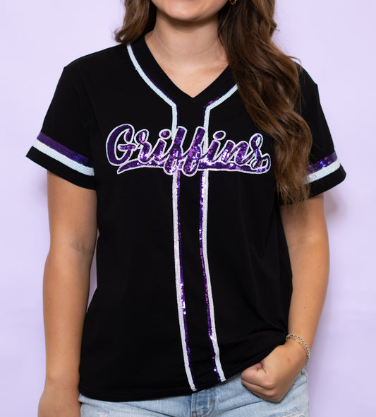 **PRE-ORDER ONLY** Dutchtown Griffins | Women's Sequin Design Baseball Jersey Tee (Black)