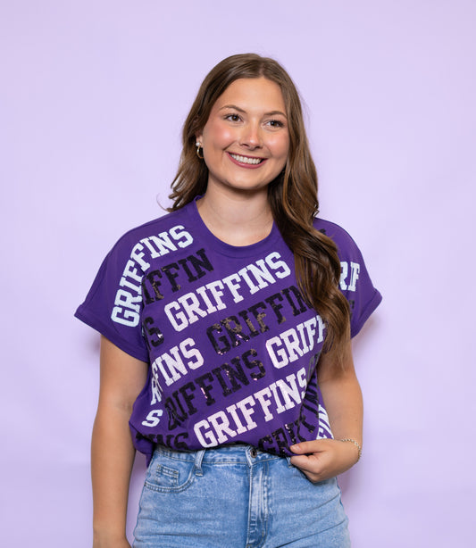 Griffins Varsity Block | Women's Cuff Sleeve Tee (Purple)