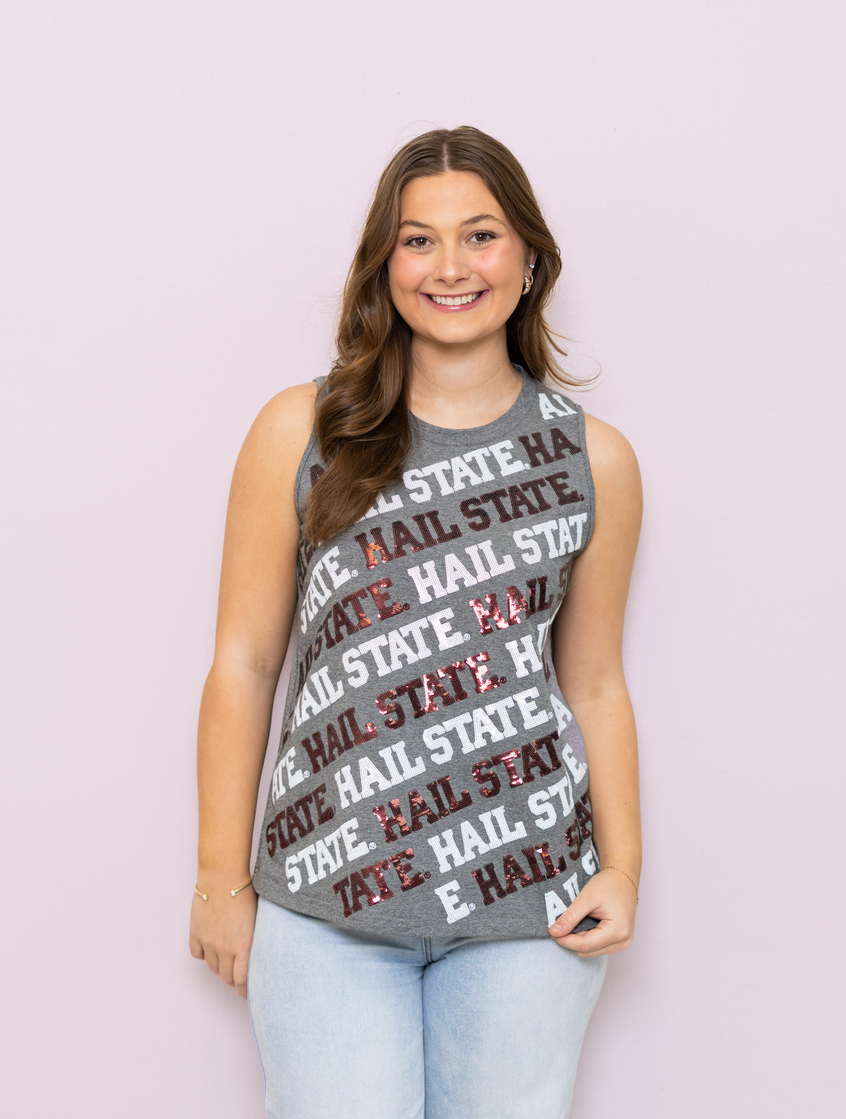 Mississippi State University Hail State Varsity Block (LICENSED) | Women's Sequin Design Tank (Grey)