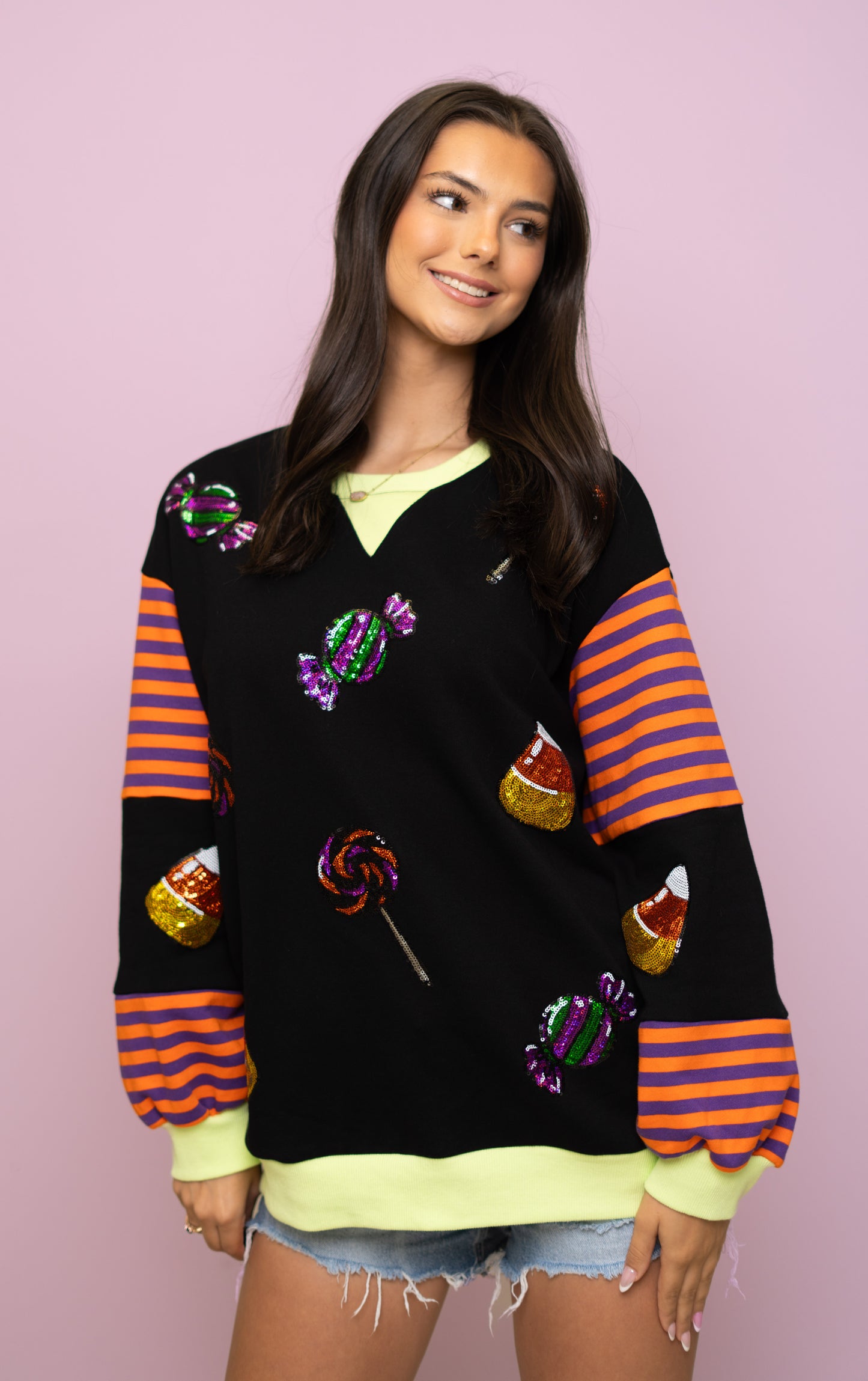 **PRE-ORDER ONLY** Wholesale | Trick or Treat | Women's Sequin Design Striped Sleeve Pullover (Black)