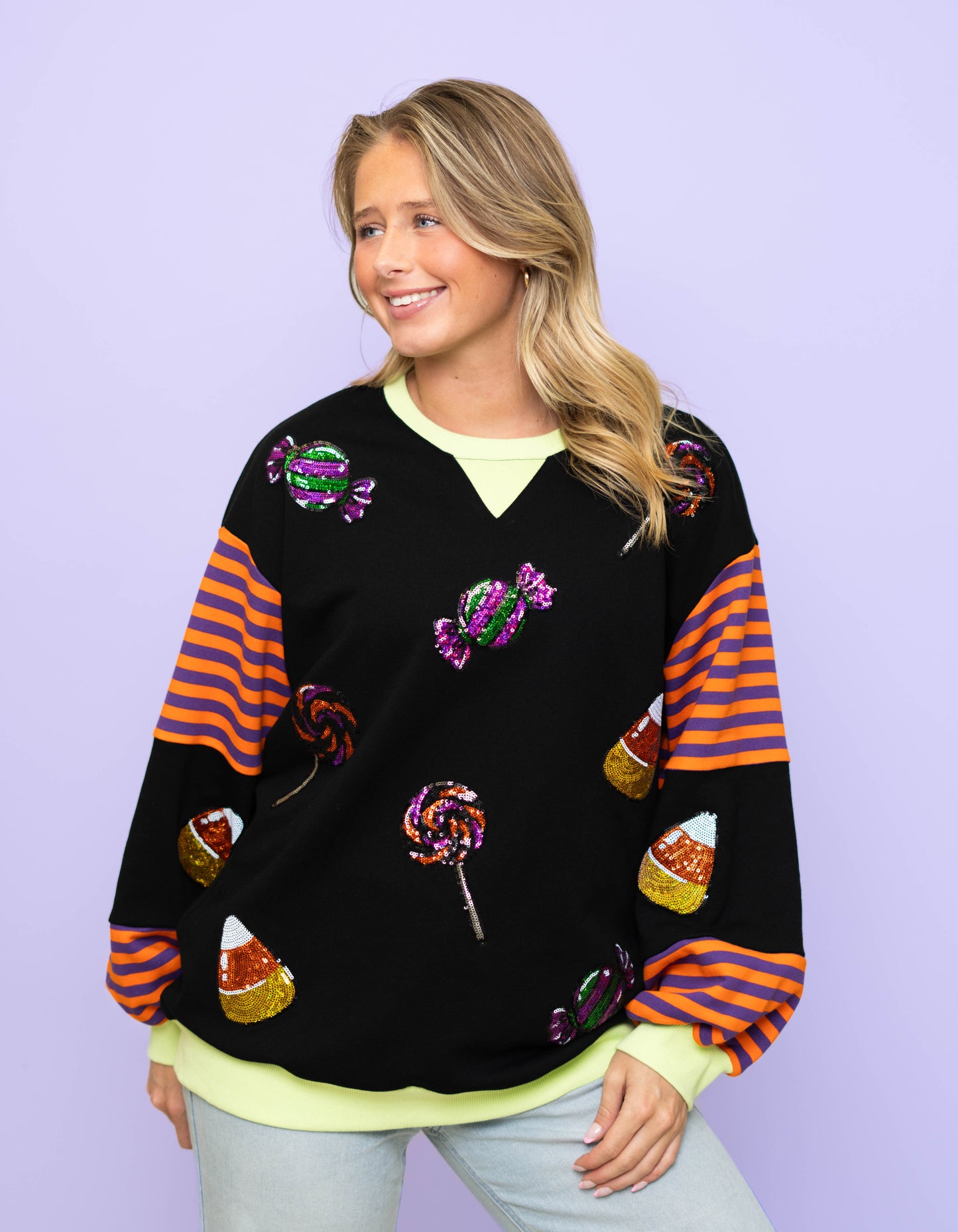 **PRE-ORDER ONLY** Wholesale | Trick or Treat | Women's Sequin Design Striped Sleeve Pullover (Black)