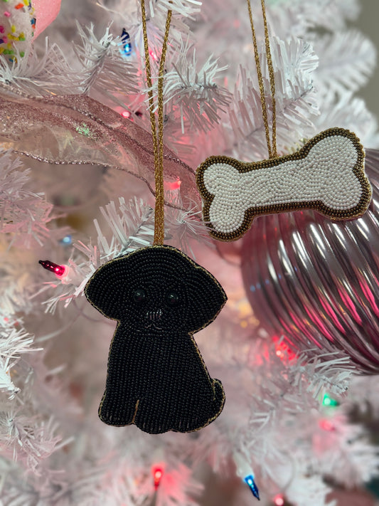 Beaded Dog + Bone Ornament Set (Black Dog)