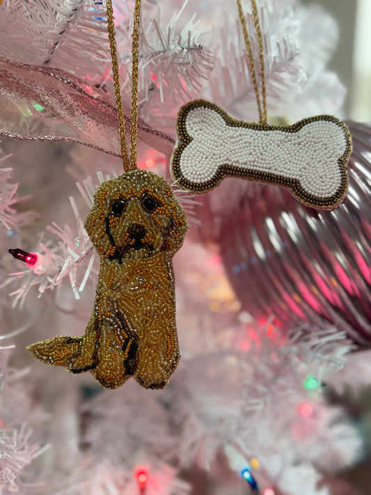 Beaded Dog + Bone Ornament Set (Doodle Dog)