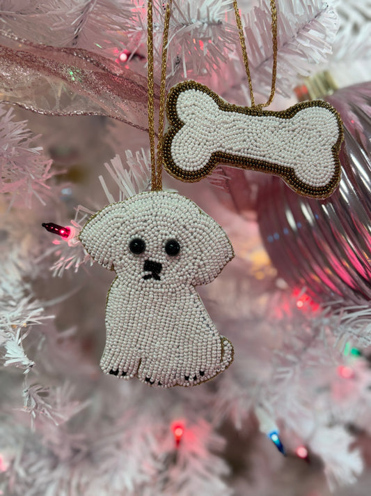 Beaded Dog + Bone Ornament Set (White Dog)