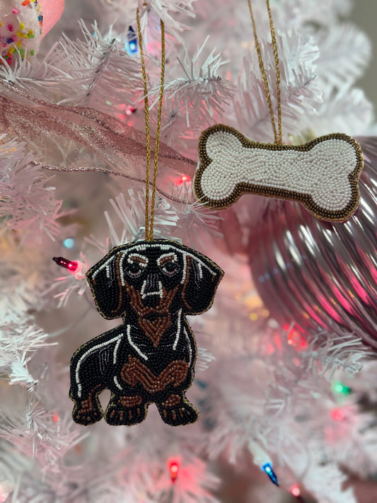 Beaded Dog + Bone Ornament Set (Dachshund)